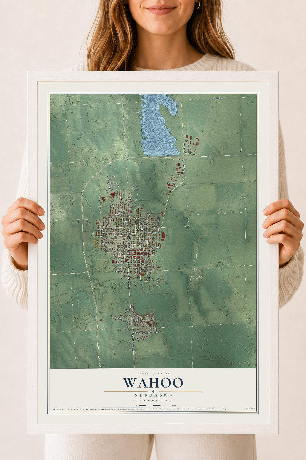Map of Wahoo, Nebraska, 18 x 24 inch print in a white wood frame