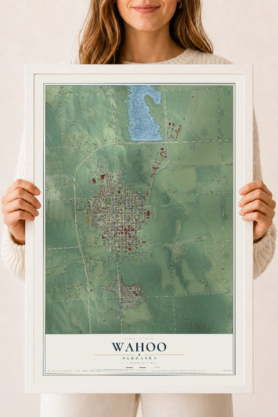 Map of Wahoo, Nebraska, 18 x 24 inch print in a white wood frame