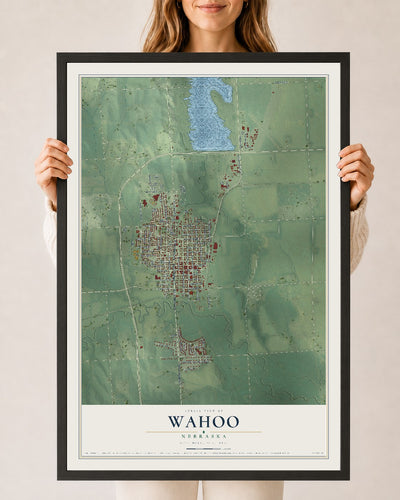 Map of Wahoo, Nebraska, 24 x 36 inch print in a black wood frame