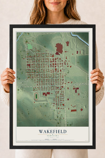 Map of Wakefield, Nebraska, 18 x 24 inch print in a black wood frame