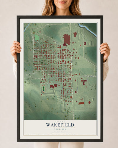 Map of Wakefield, Nebraska, 24 x 36 inch print in a black wood frame