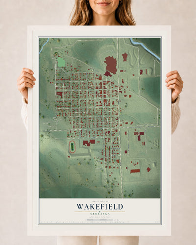 Map of Wakefield, Nebraska, 24 x 36 inch print in a white wood frame