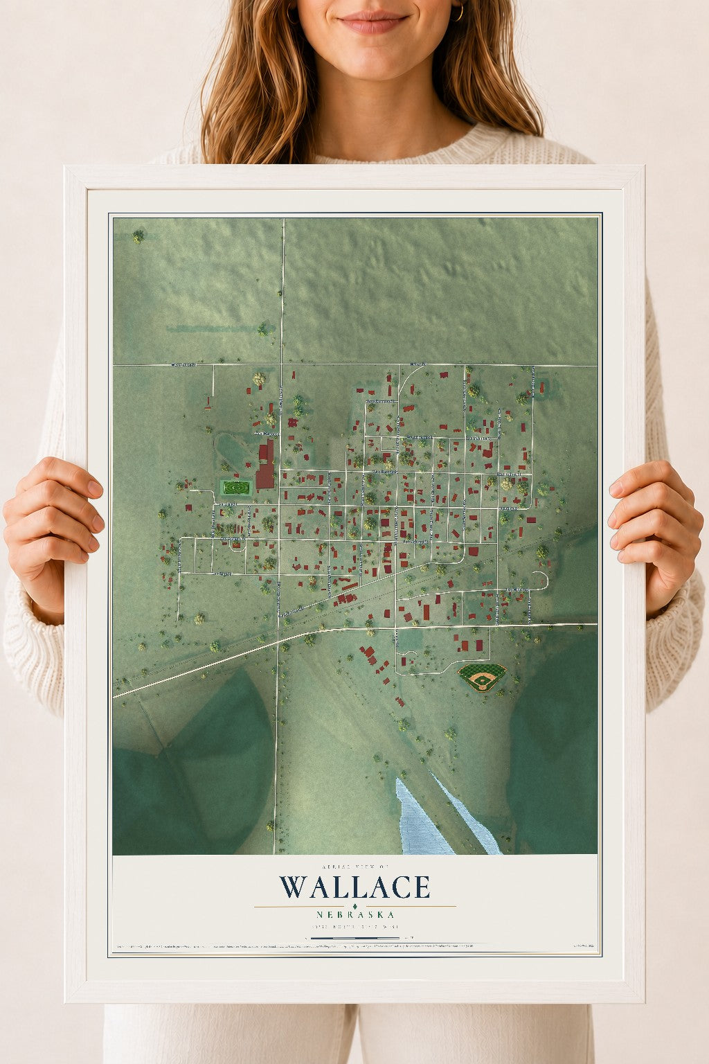 Map of Wallace, Nebraska, 18 x 24 inch print in a white wood frame