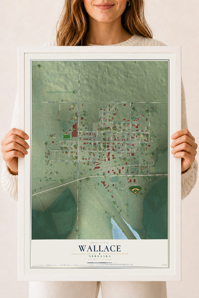 Map of Wallace, Nebraska, 18 x 24 inch print in a white wood frame