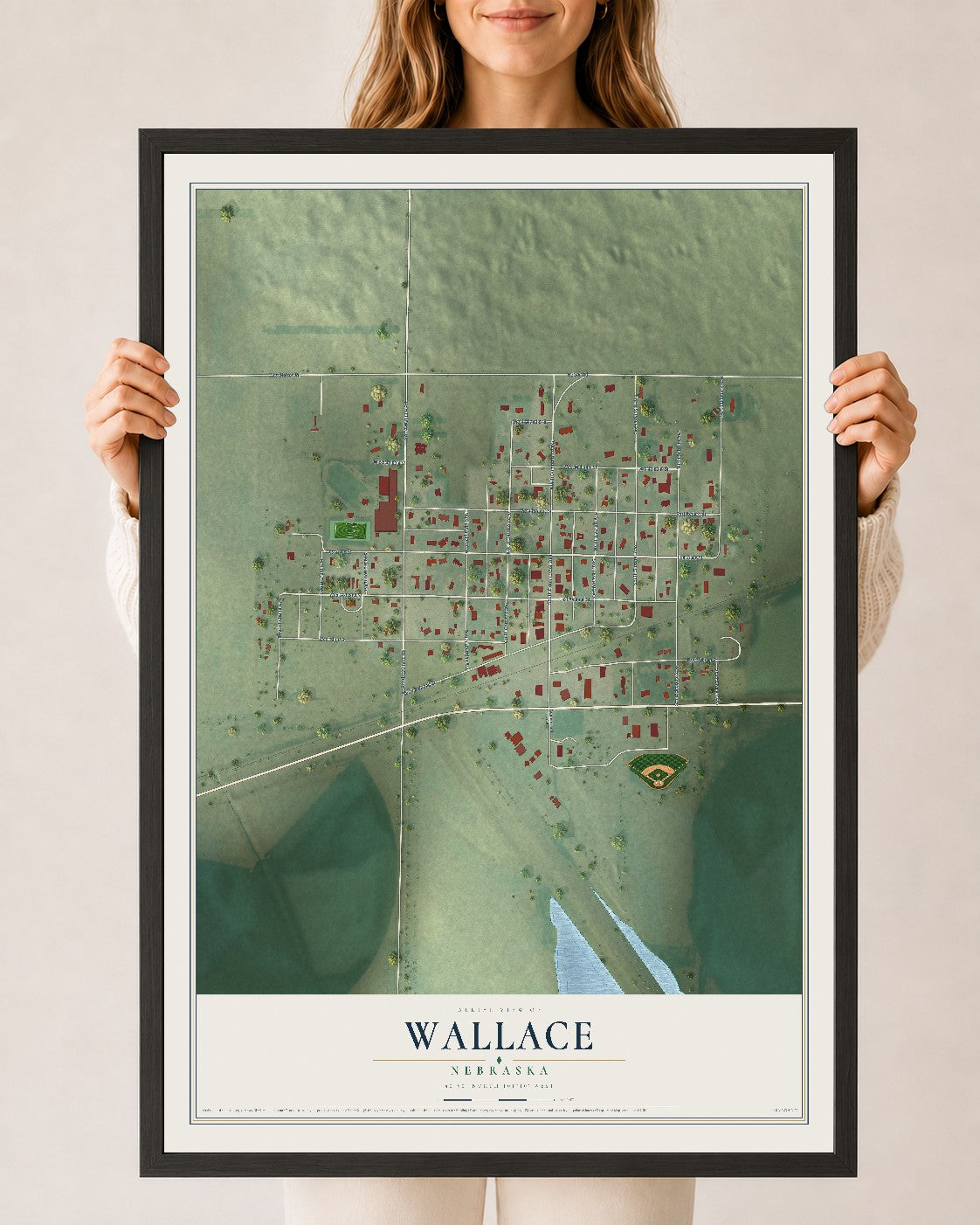Map of Wallace, Nebraska, 24 x 36 inch print in a black wood frame