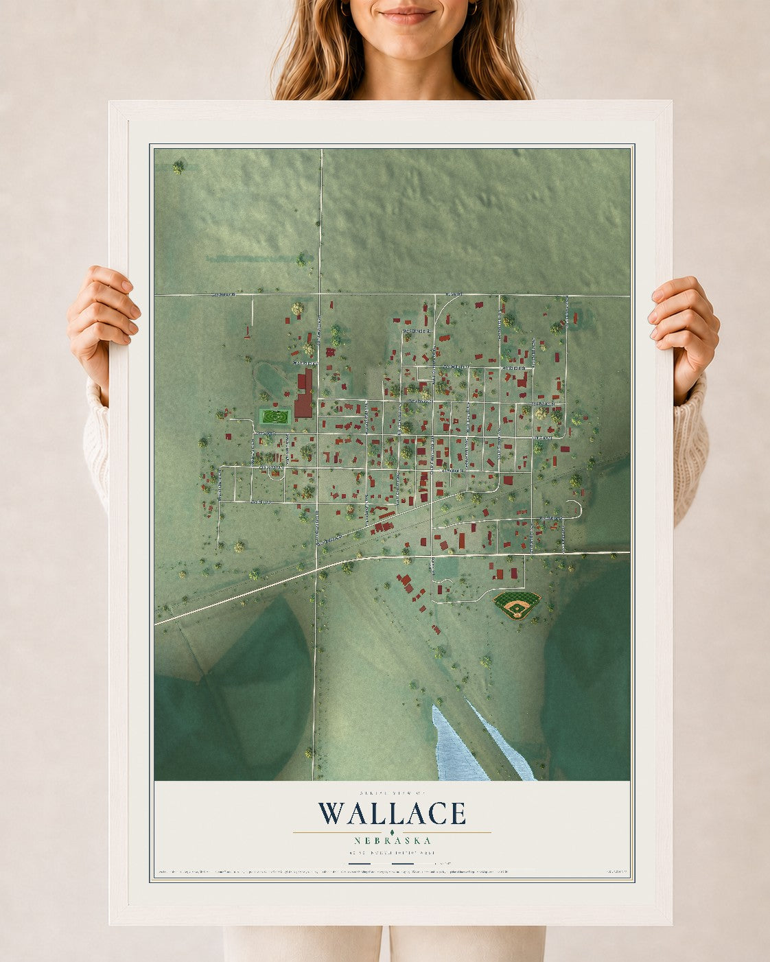 Map of Wallace, Nebraska, 24 x 36 inch print in a white wood frame