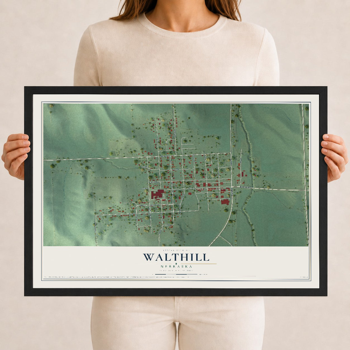 Map of Walthill, Nebraska, 12 x 18 inch print in a black wood frame