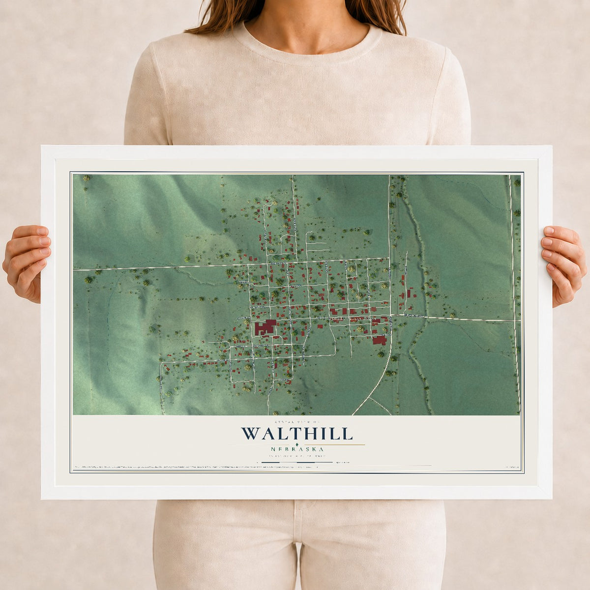 Map of Walthill, Nebraska, 12 x 18 inch print in a white wood frame