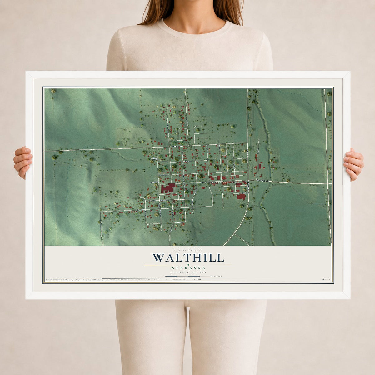 Map of Walthill, Nebraska, 24 x 36 inch print in a white wood frame