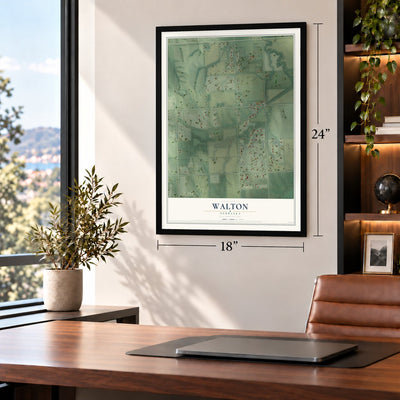 Walton, Nebraska map, 18 x 24 inch print in a black frame in a home office