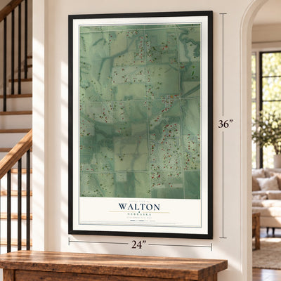 Walton, Nebraska map, 24 x 36 inch print in a black frame by a staircase