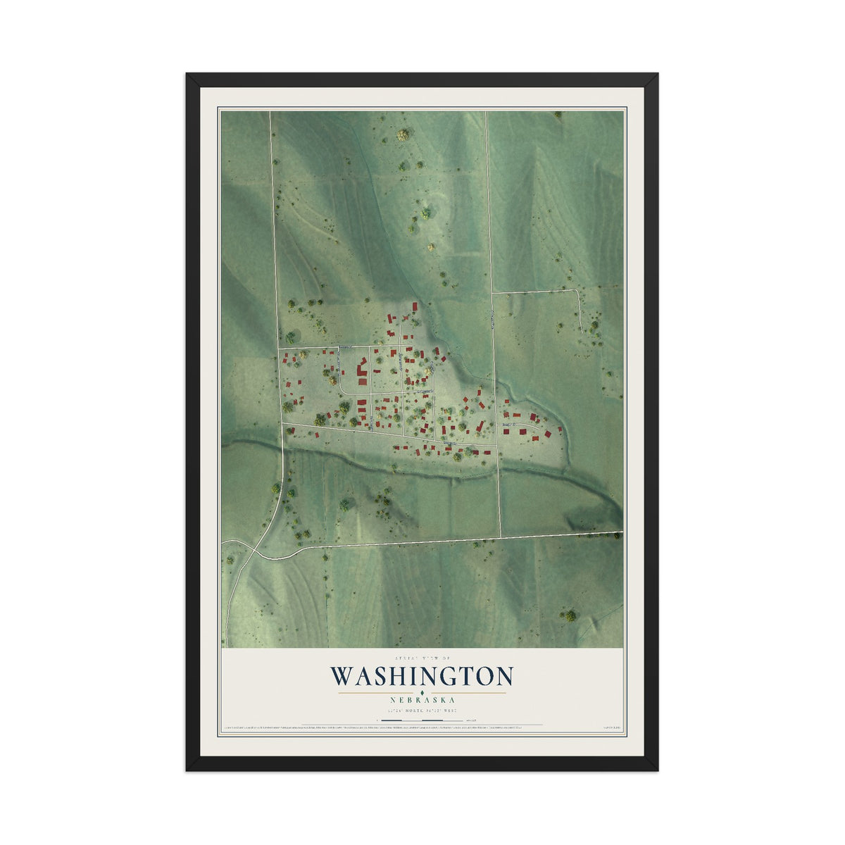 Map of Washington, Nebraska, 12 x 18 inch print in a black wood frame