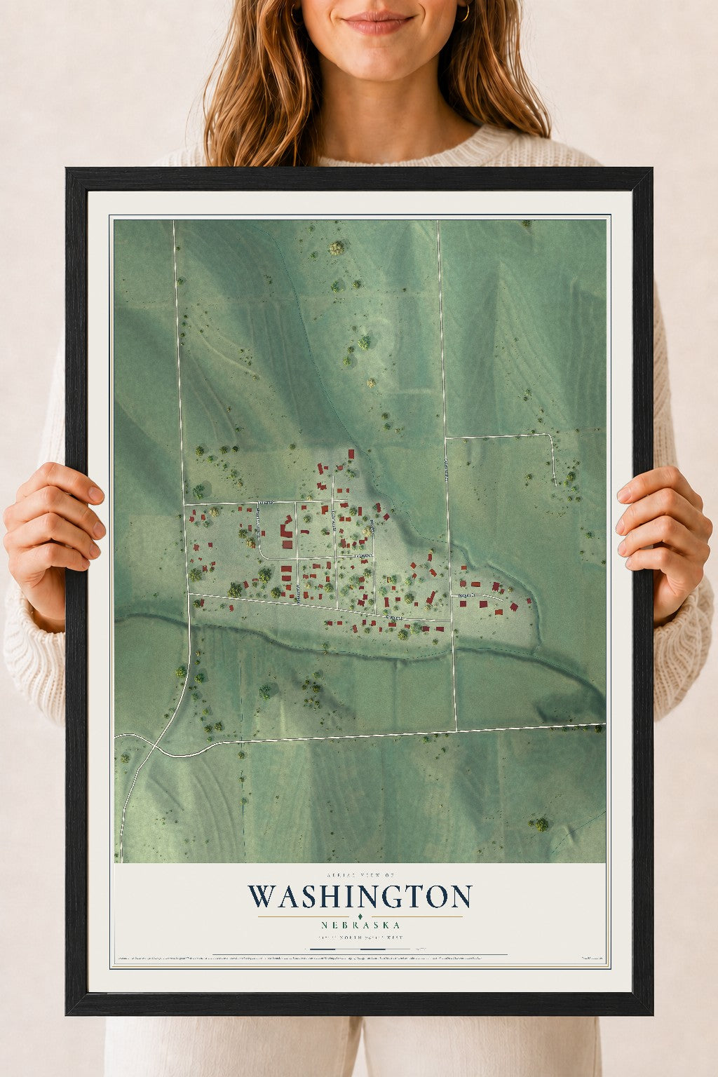 Map of Washington, Nebraska, 18 x 24 inch print in a black wood frame