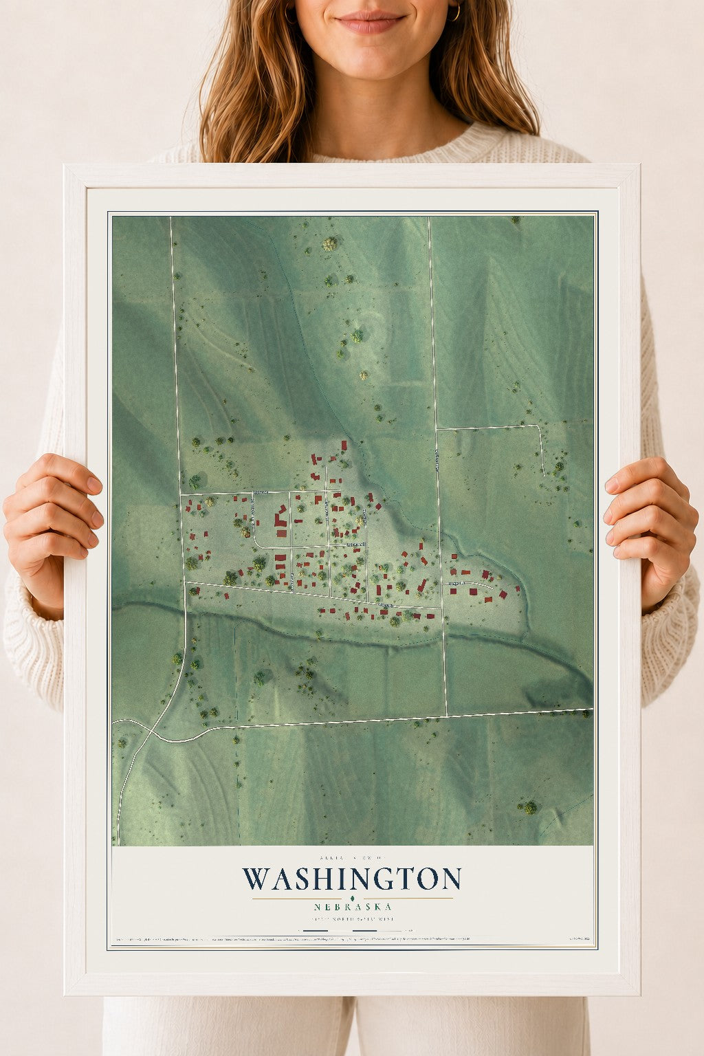 Map of Washington, Nebraska, 18 x 24 inch print in a white wood frame