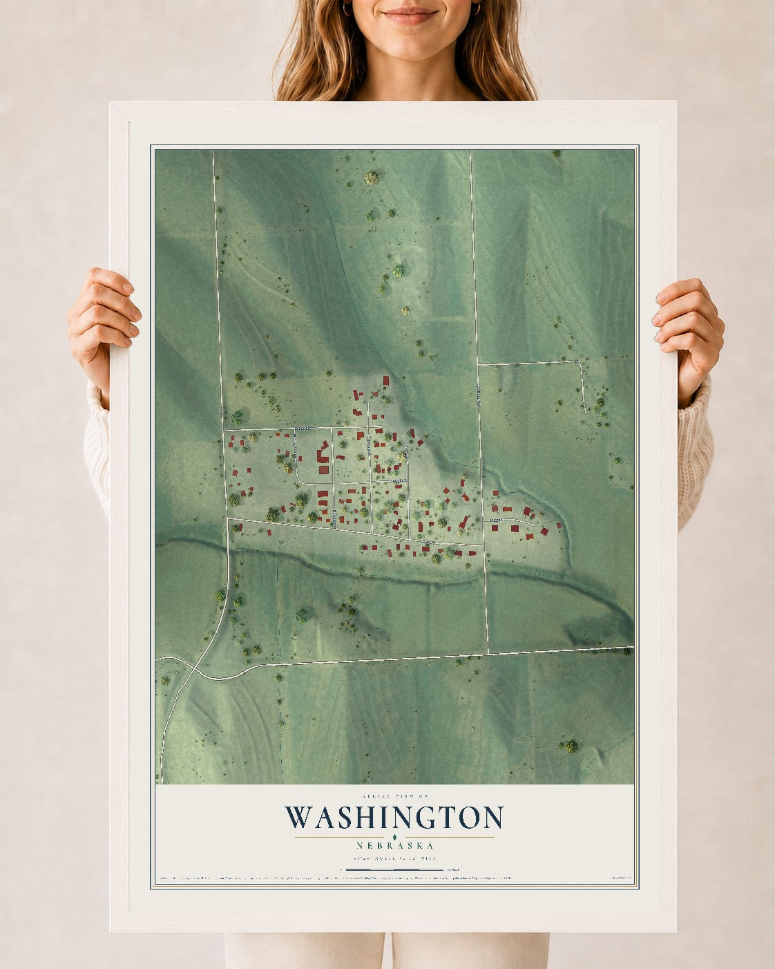 Map of Washington, Nebraska, 24 x 36 inch print in a white wood frame