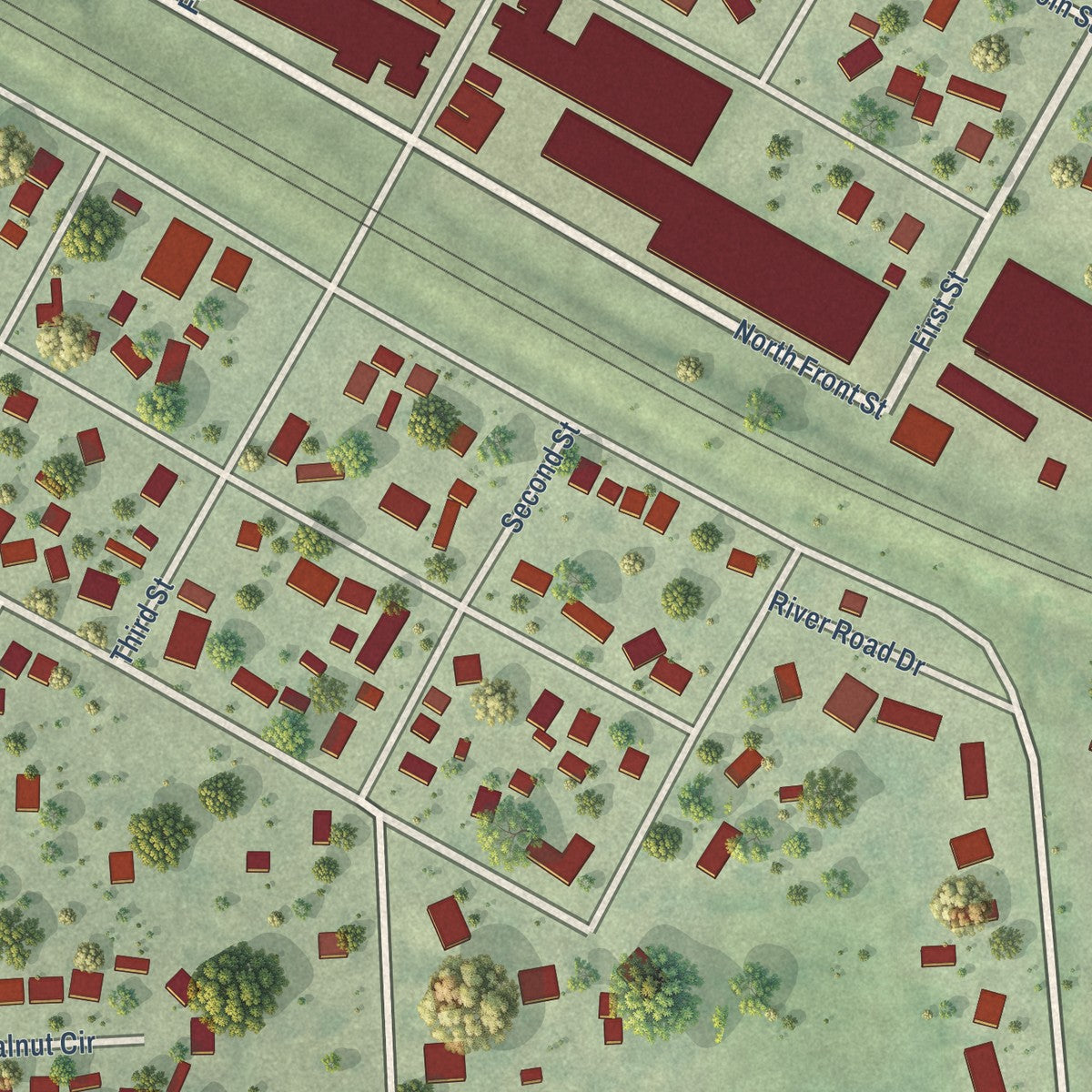 Close-up of the map of Waterloo, Nebraska print showing street and building detail