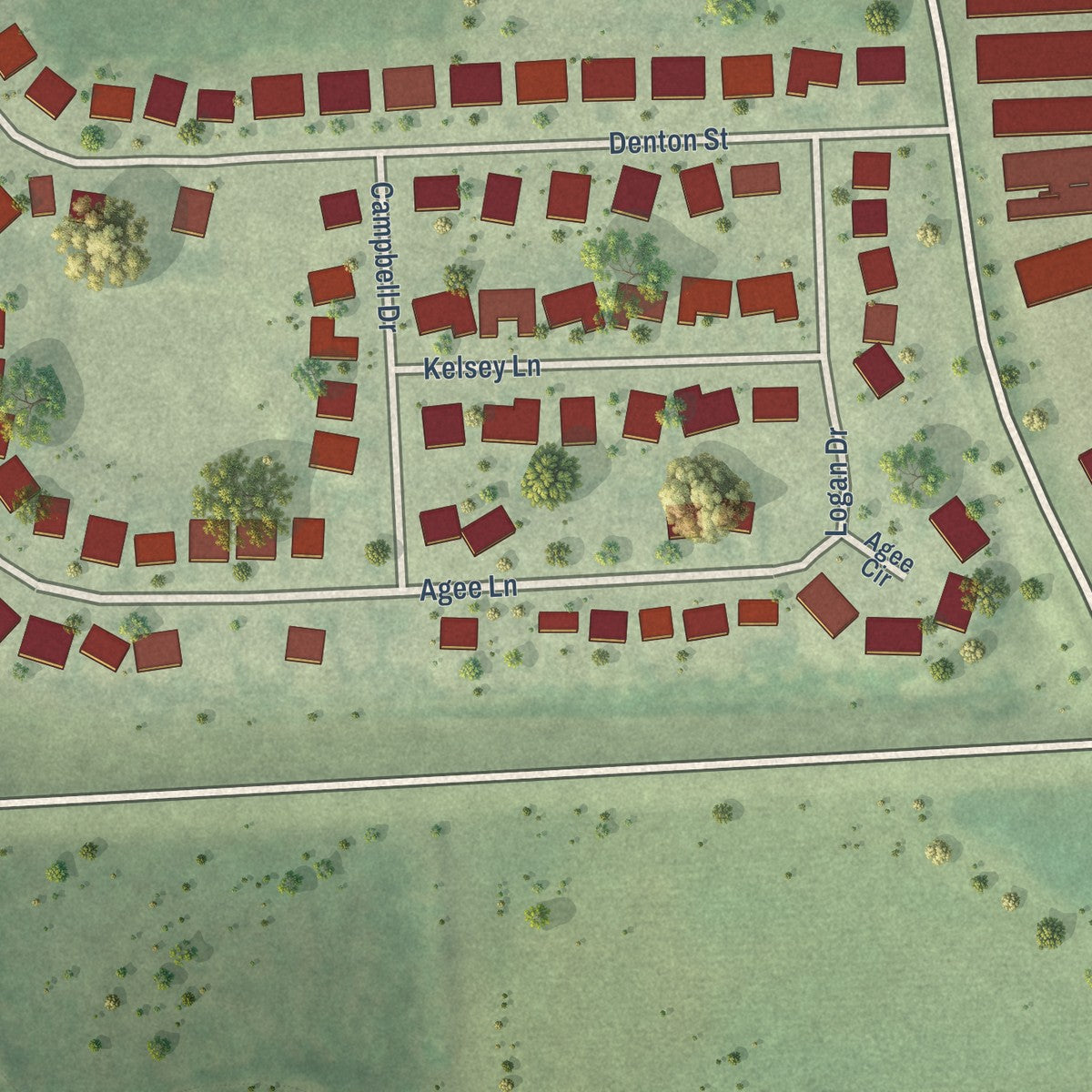 Second close-up of the map of Waterloo, Nebraska print showing more streets and buildings