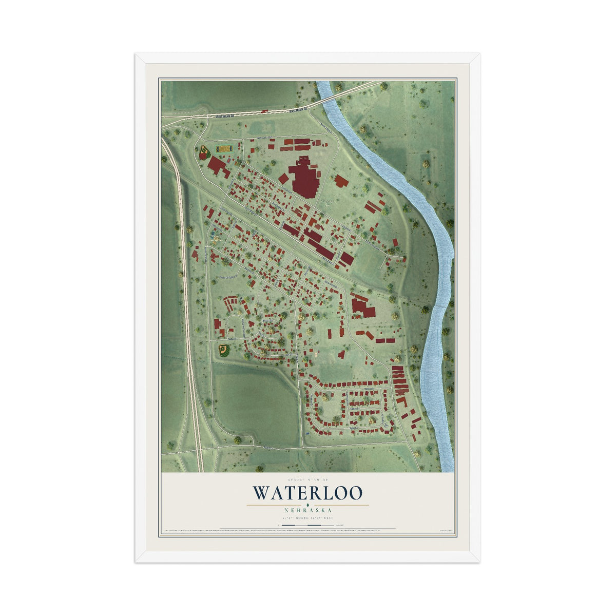 Map of Waterloo, Nebraska, 12 x 18 inch print in a white wood frame