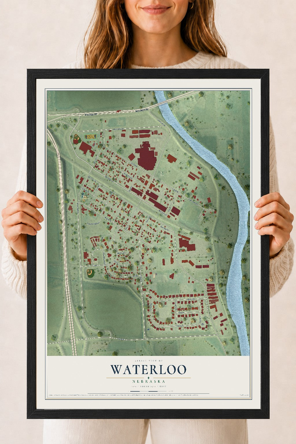 Map of Waterloo, Nebraska, 18 x 24 inch print in a black wood frame