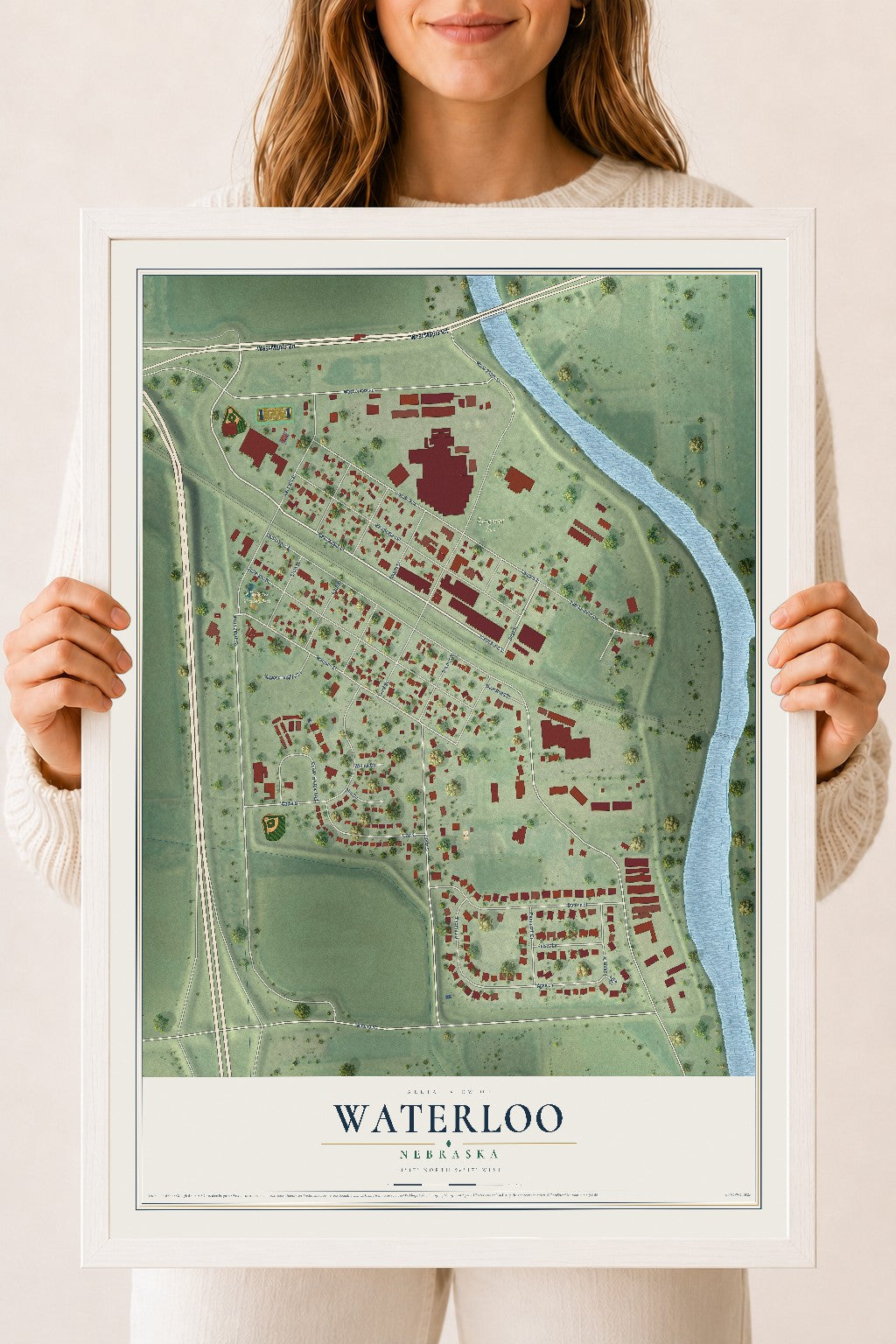 Map of Waterloo, Nebraska, 18 x 24 inch print in a white wood frame