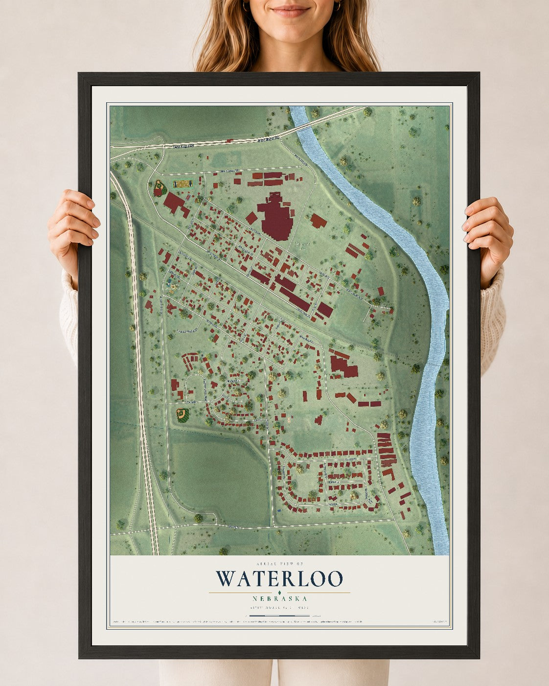 Map of Waterloo, Nebraska, 24 x 36 inch print in a black wood frame