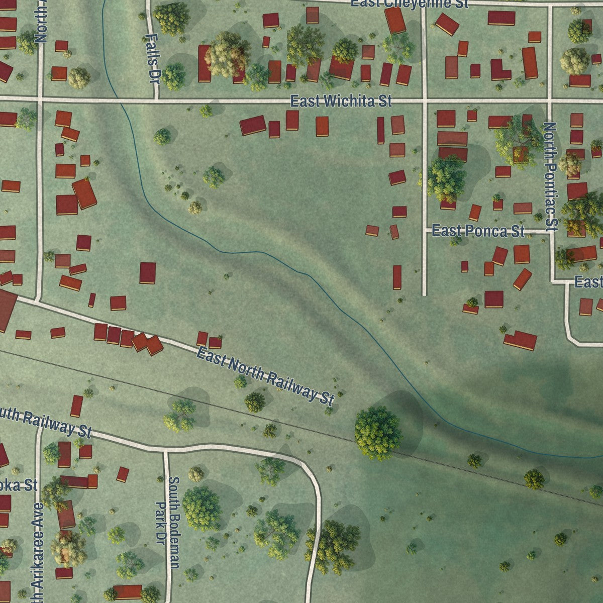 Second close-up of the map of Wauneta, Nebraska print showing more streets and buildings