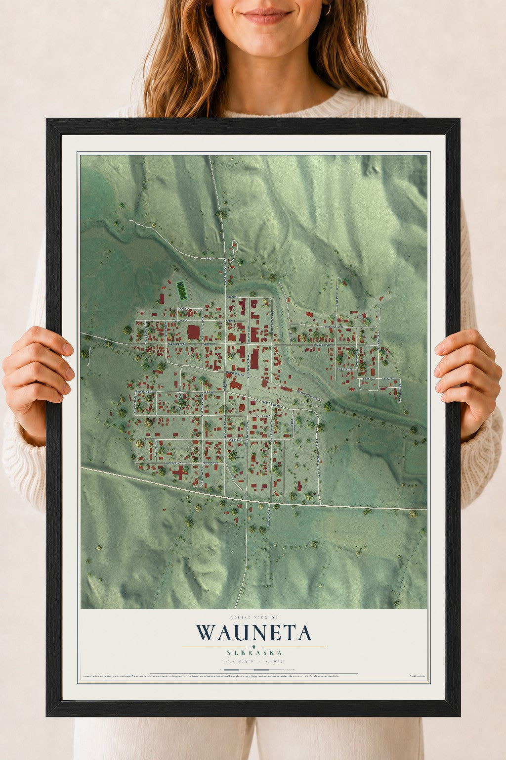 Map of Wauneta, Nebraska, 18 x 24 inch print in a black wood frame