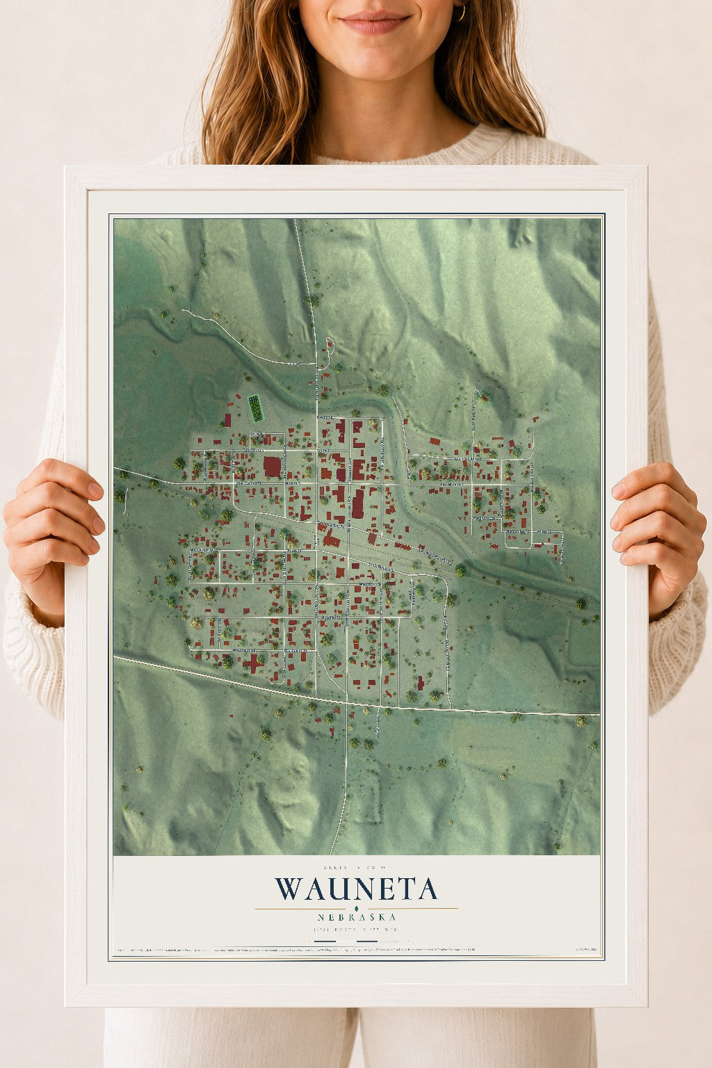 Map of Wauneta, Nebraska, 18 x 24 inch print in a white wood frame