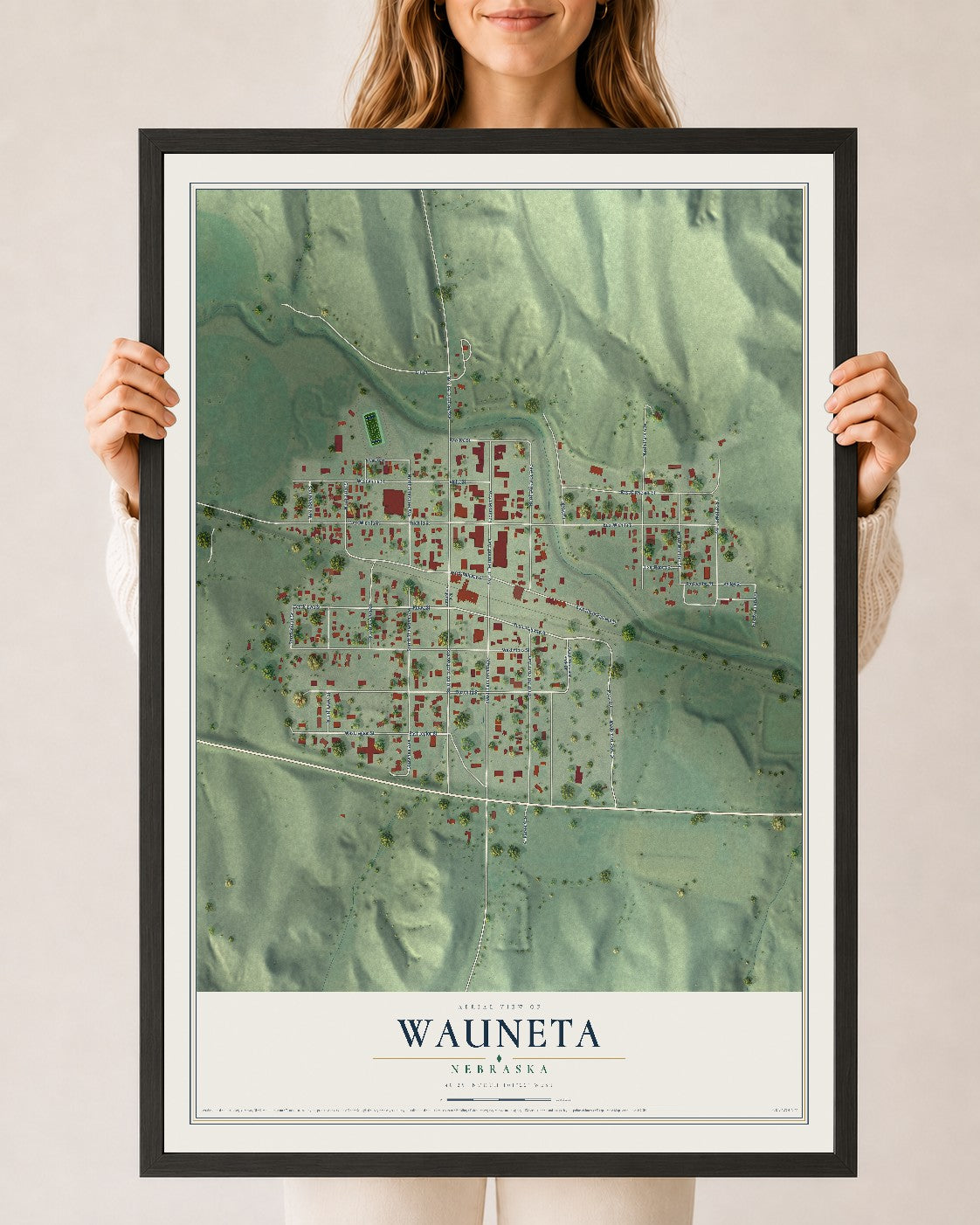 Map of Wauneta, Nebraska, 24 x 36 inch print in a black wood frame