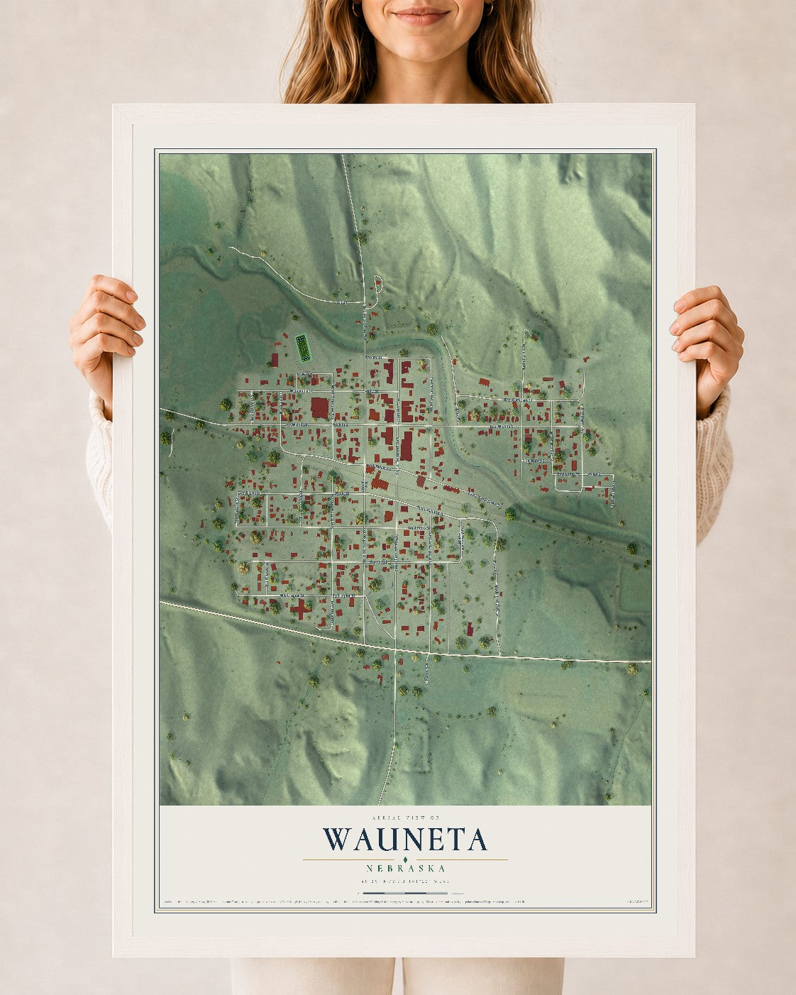Map of Wauneta, Nebraska, 24 x 36 inch print in a white wood frame