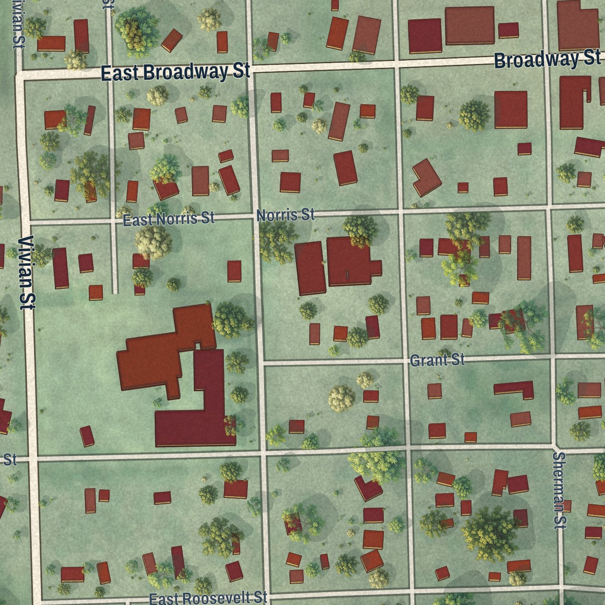 Close-up of the map of Wausa, Nebraska print showing street and building detail