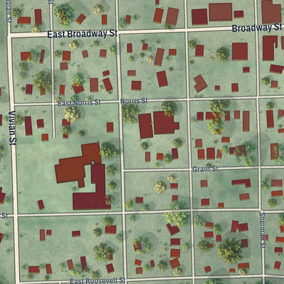 Close-up of the map of Wausa, Nebraska print showing street and building detail
