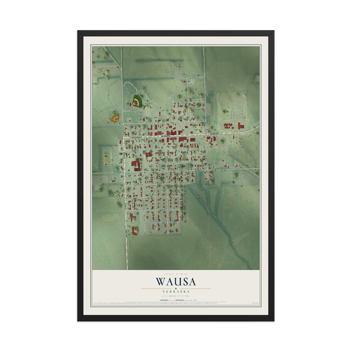 Map of Wausa, Nebraska, 12 x 18 inch print in a black wood frame