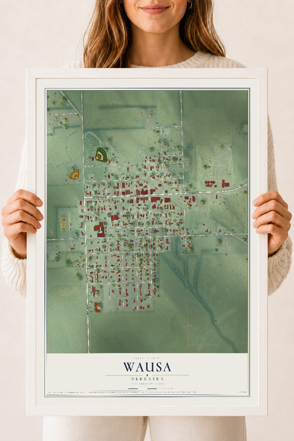 Map of Wausa, Nebraska, 18 x 24 inch print in a white wood frame