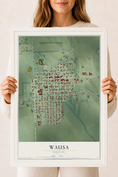 Map of Wausa, Nebraska, 18 x 24 inch print in a white wood frame