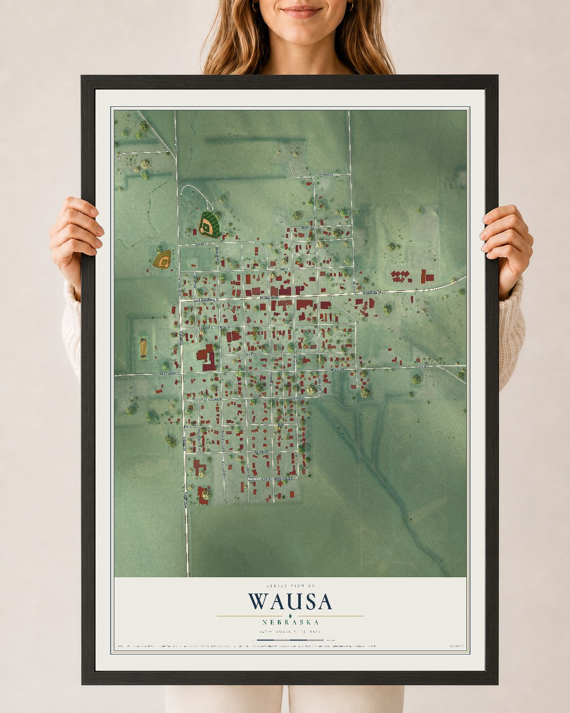 Map of Wausa, Nebraska, 24 x 36 inch print in a black wood frame