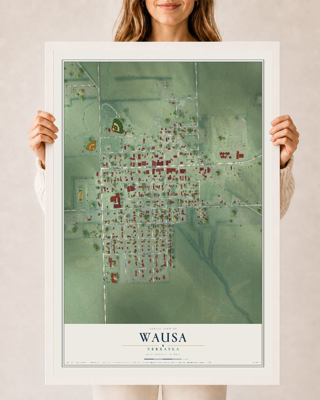 Map of Wausa, Nebraska, 24 x 36 inch print in a white wood frame