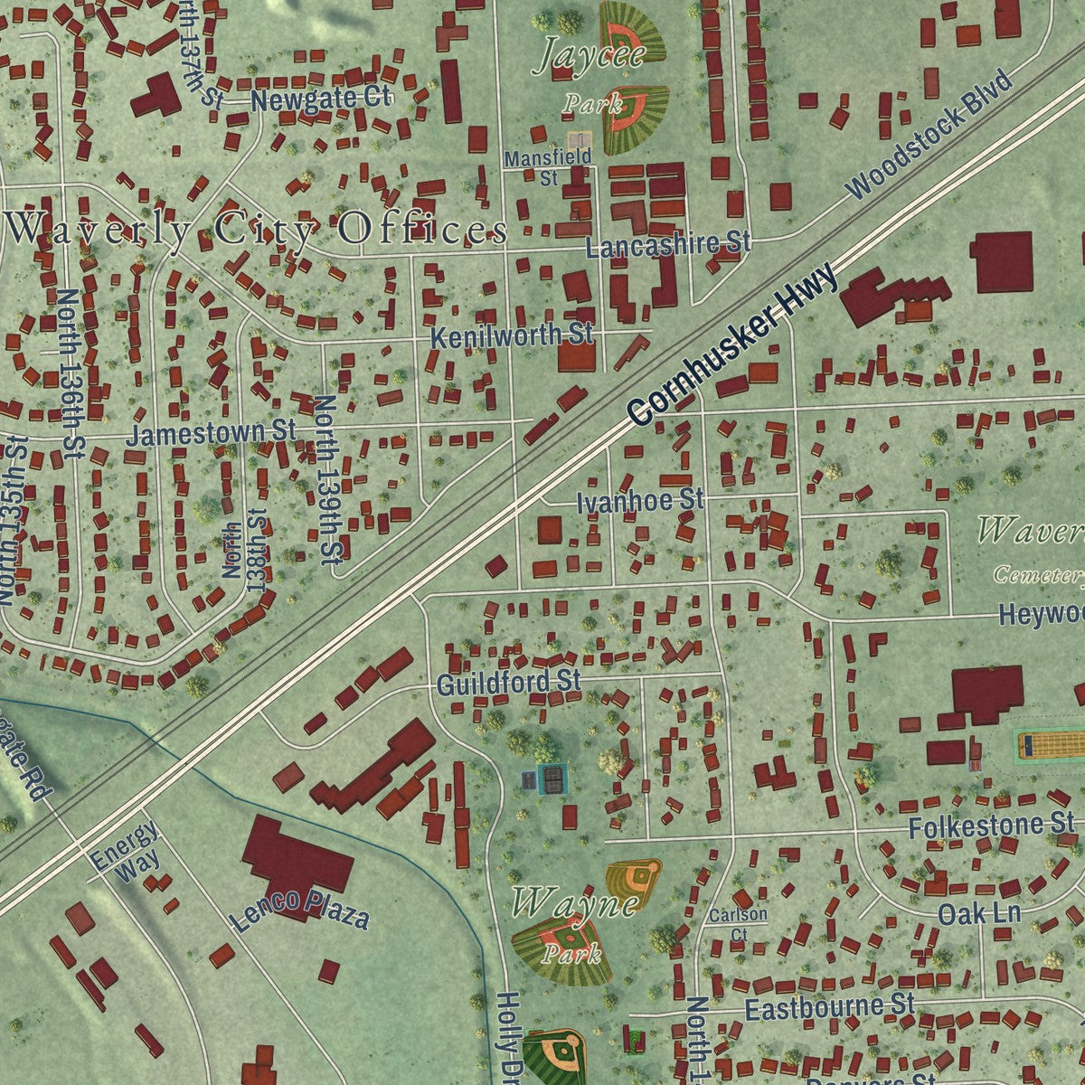Close-up of the map of Waverly, Nebraska print showing street and building detail
