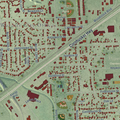 Close-up of the map of Waverly, Nebraska print showing street and building detail