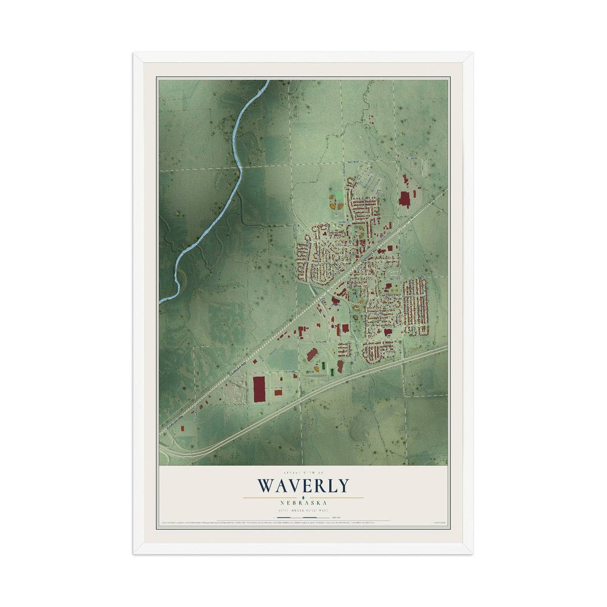 Map of Waverly, Nebraska, 12 x 18 inch print in a white wood frame