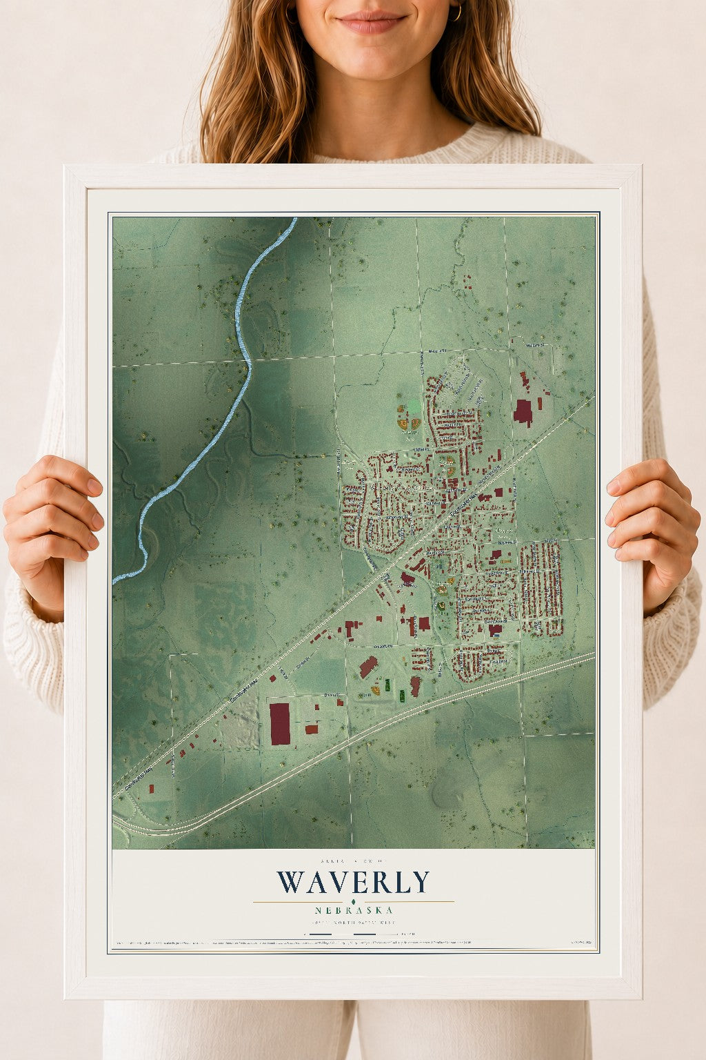 Map of Waverly, Nebraska, 18 x 24 inch print in a white wood frame