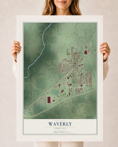 Map of Waverly, Nebraska, 24 x 36 inch print in a white wood frame