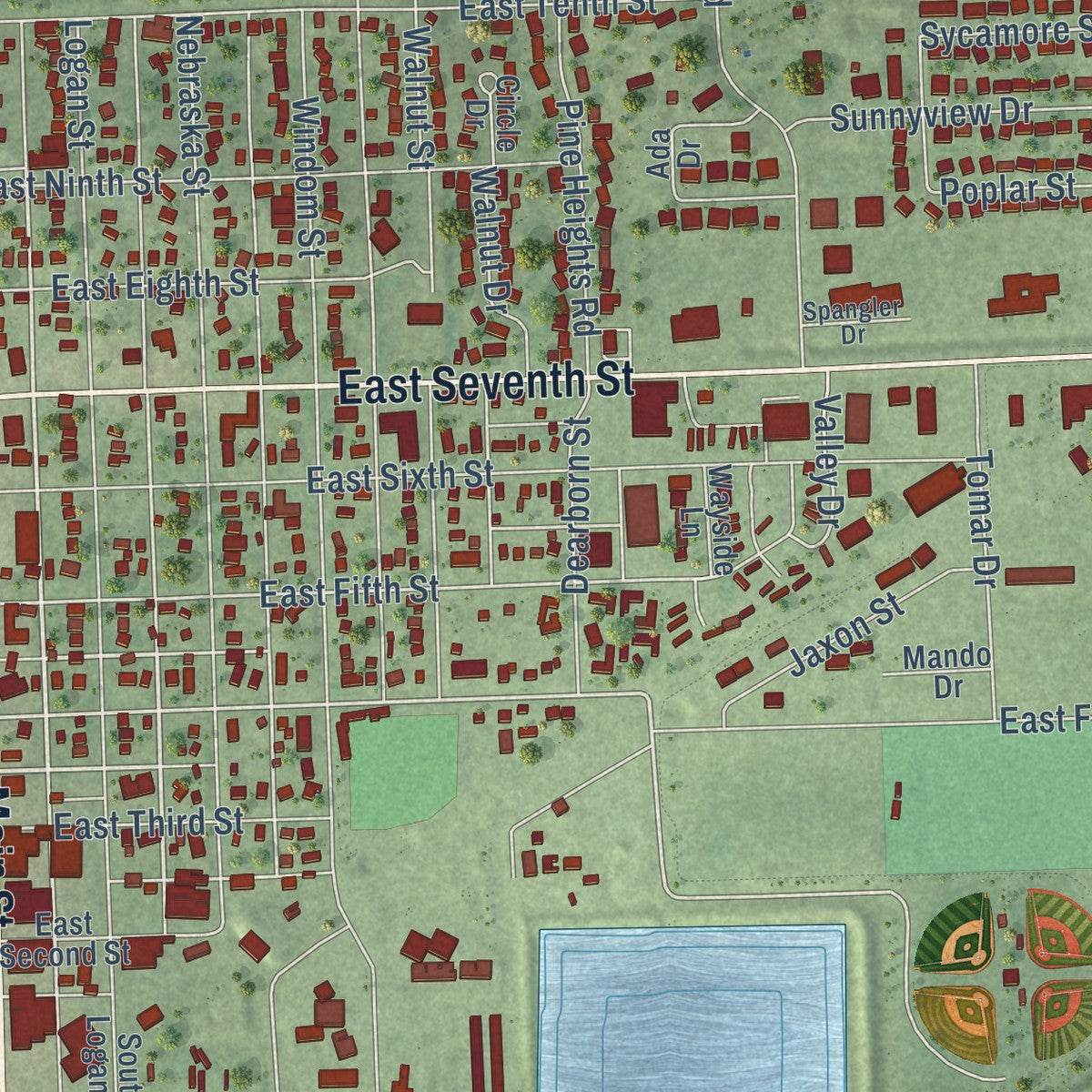 Close-up of the map of Wayne, Nebraska print showing street and building detail