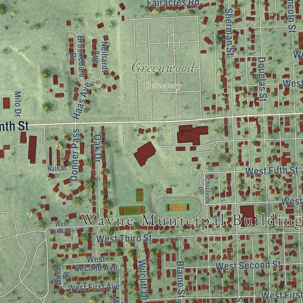 Second close-up of the map of Wayne, Nebraska print showing more streets and buildings