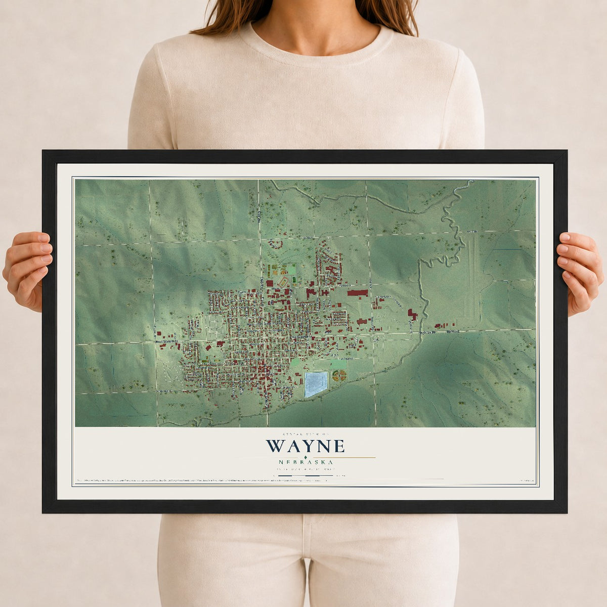 Map of Wayne, Nebraska, 12 x 18 inch print in a black wood frame