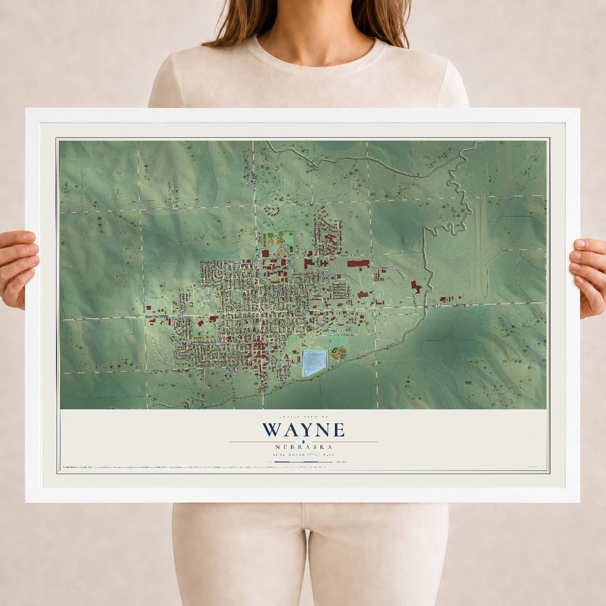 Map of Wayne, Nebraska, 18 x 24 inch print in a white wood frame