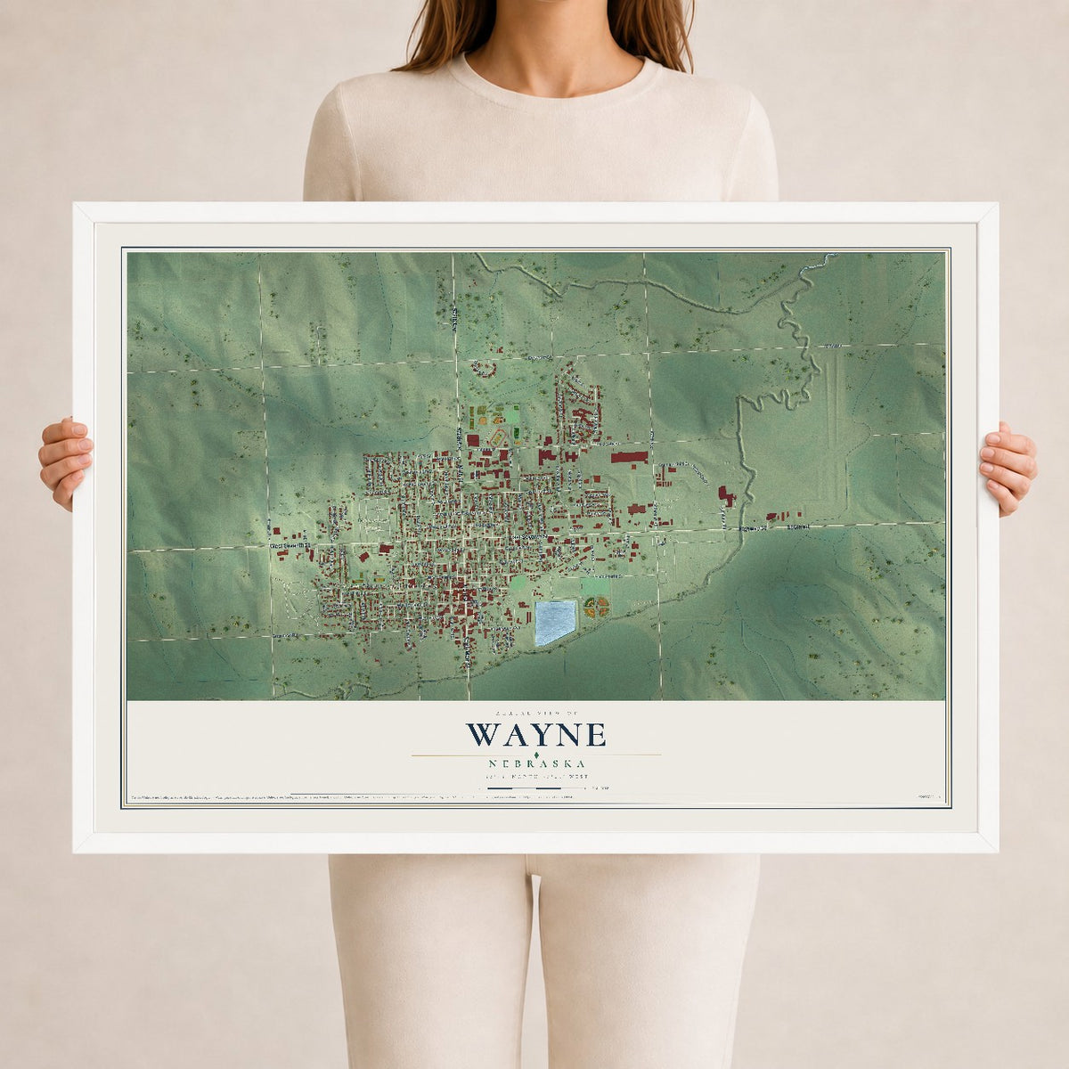 Map of Wayne, Nebraska, 24 x 36 inch print in a white wood frame