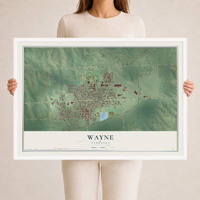 Map of Wayne, Nebraska, 24 x 36 inch print in a white wood frame