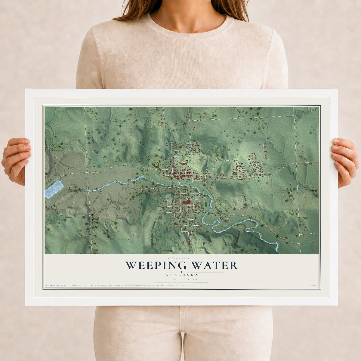 Map of Weeping Water, Nebraska, 12 x 18 inch print in a white wood frame