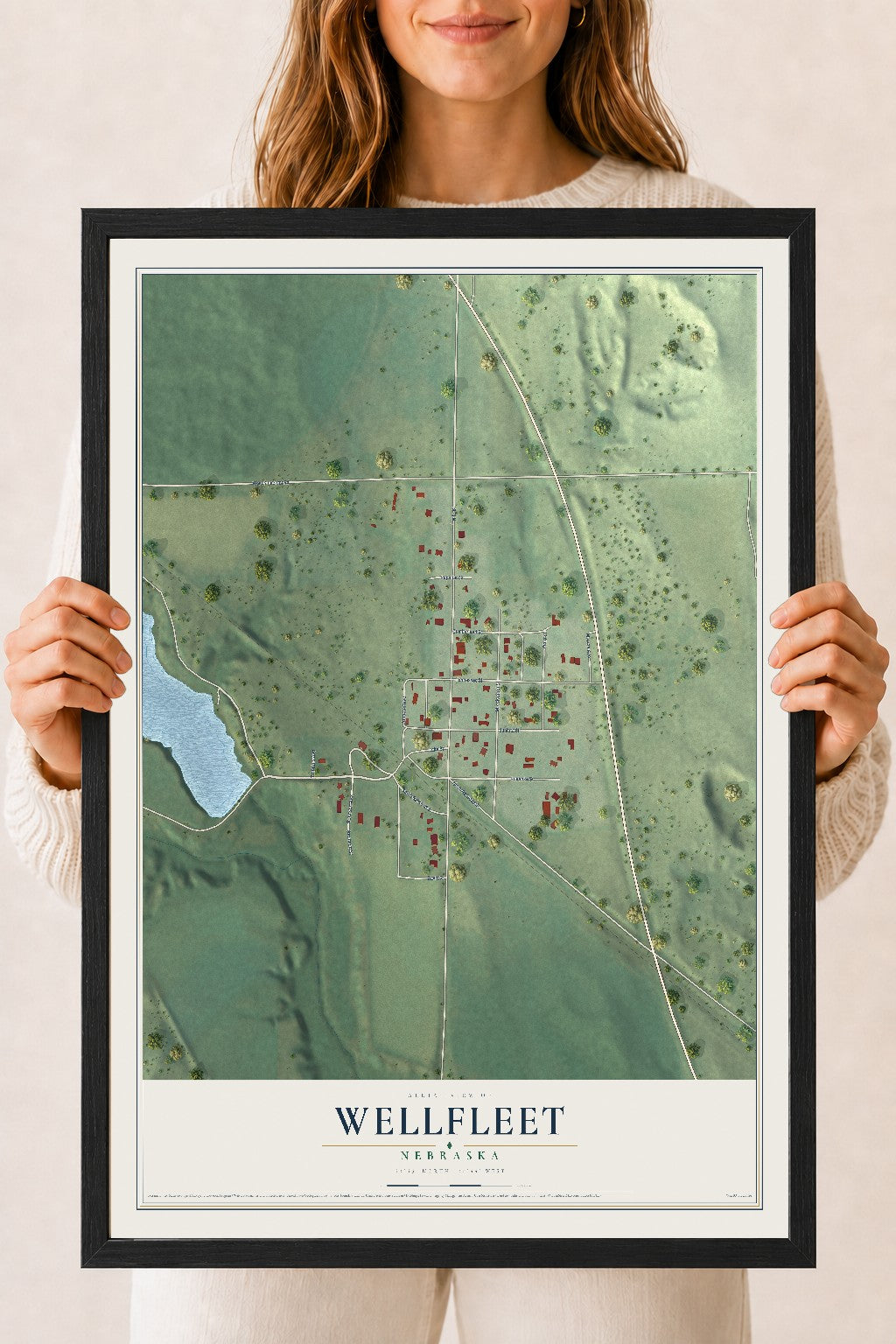 Map of Wellfleet, Nebraska, 18 x 24 inch print in a black wood frame